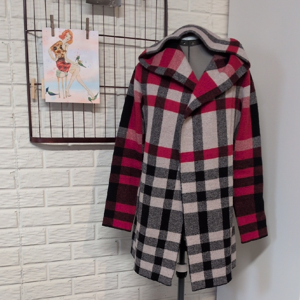 Anthropologie Field Flower Wool Hooded Plaid Wool Coat in Red and Black XS